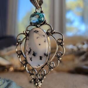 Dendritic Opal Blue Topaz Pendant Sterling Silver, Handmade Boho Jewelry